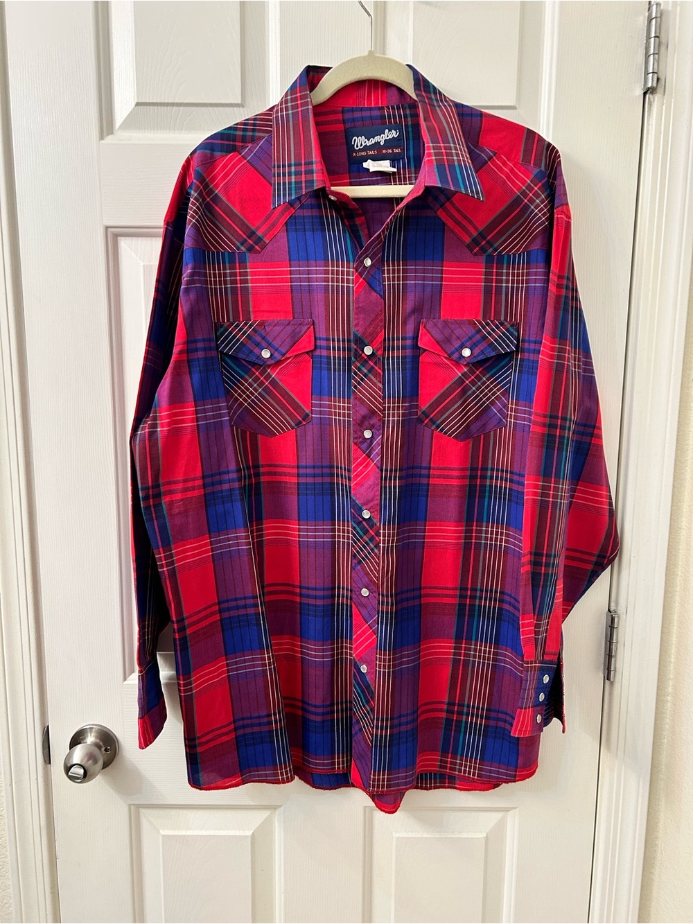 Wrangler Red and Blue Plaid Western Pearl Snap Button-Down Shirt 18-36 Tall